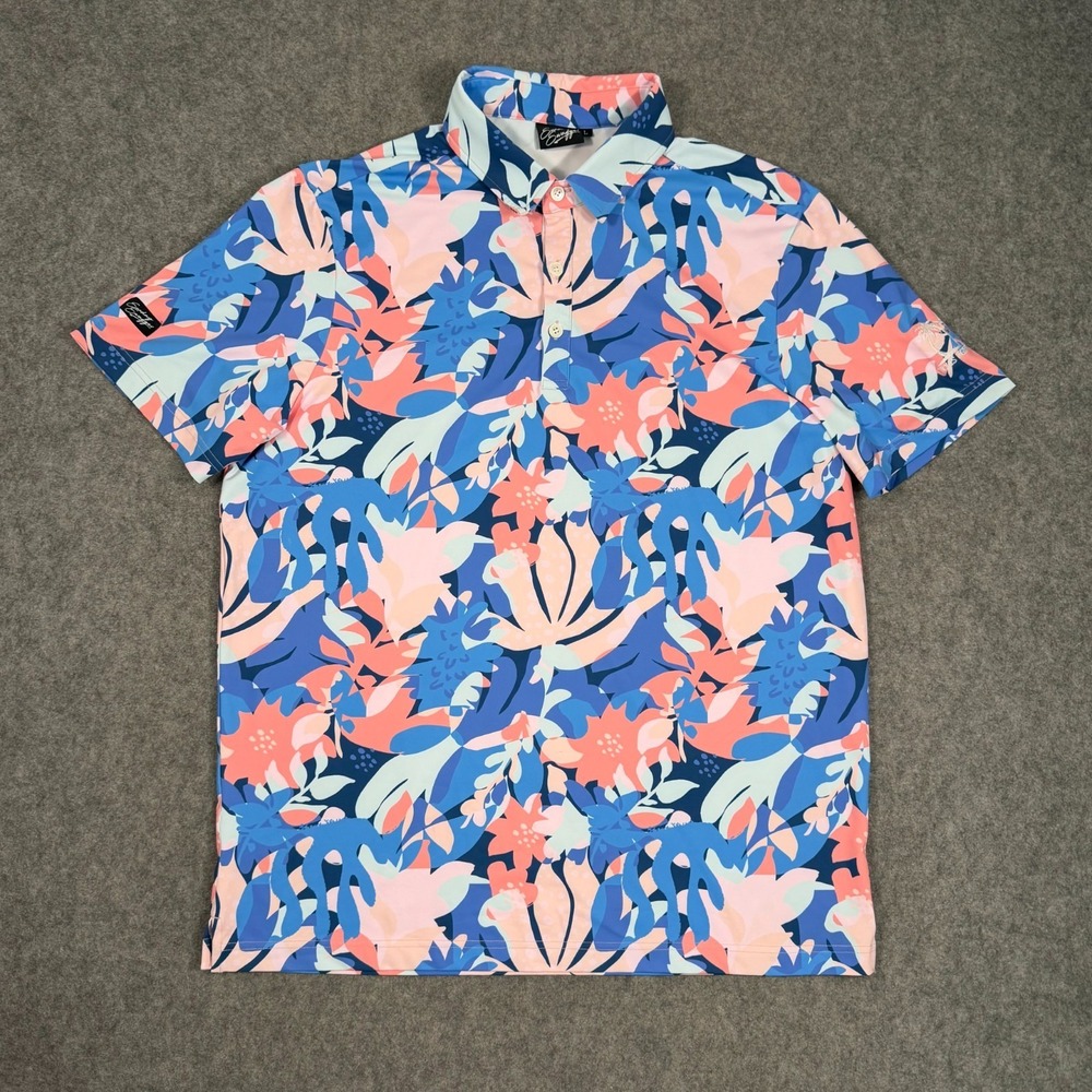 Sunday Swagger Blue Coral Floral Reef Short Sleeve Polo Shirt Men's Size Large‎